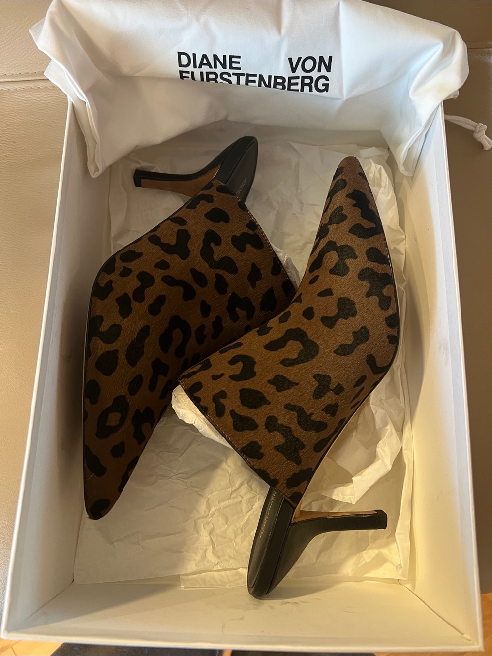 Diane Von Furstenberg Leopard-Print Pointed Toe Mules in Brown & Black
